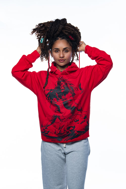 Cooyah rootswear women's rasta hoodie with Dread and Lion graphic in red. Jamaican streetwear clothing since 1987. Rastafari