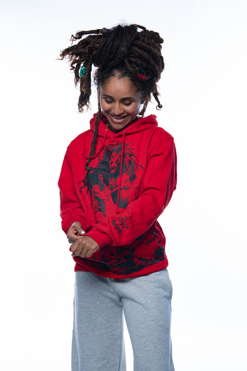 Cooyah rootswear women's rasta hoodie with Dread and Lion graphic in red. Jamaican streetwear clothing since 1987.  Rastafari