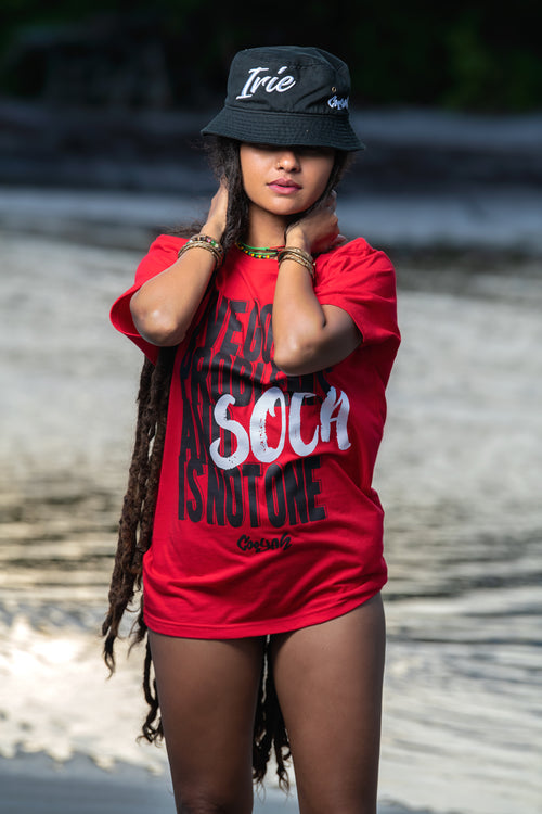 Cooyah Jamaica. I've Got 99 Problems and Soca is Not One. Women's Ringspun cotton, short sleeve graphic tee in red. Jamaican clothing brand.