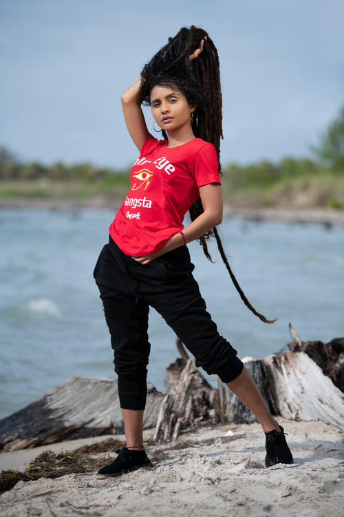 Cooyah Jamaica. Women's red Third Eye Gangsta tee. Short sleeve, ringspun cotton. Jamaican clothing brand.