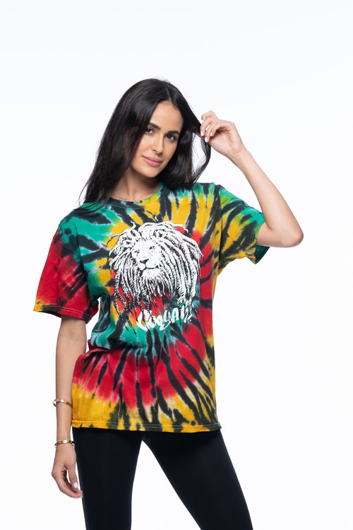 Cooyah Jamaica. Women's Tie-Dye shirt with Rasta Lion with dreads. Reggae rootswear clothing brand. Red, gold, and green. IRIE