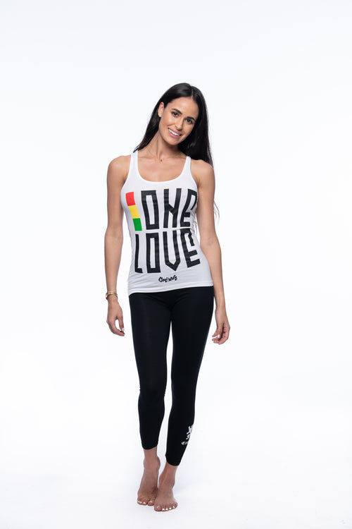 Cooyah Jamaica. Women's One Love Tank Top in white. Screen printed reggae style graphics in rasta colors. Jamaican clothing brand.