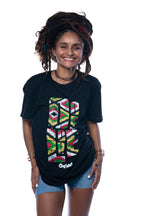 Cooyah Jamaica.  One Love Africa Print graphic tee.  Women's short sleeve, ringspun cotton tee in black.  Jamaican clothing brand.