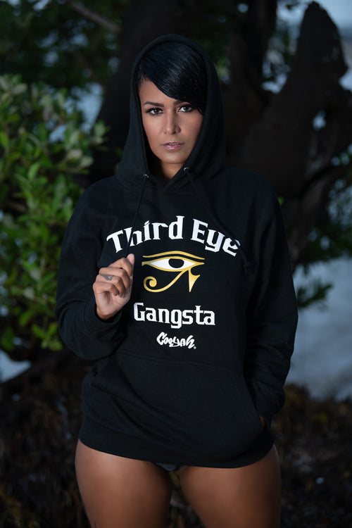Cooyah Jamaica. Women's black Third Eye Gangsta pullover hoodie. Jamaican clothing brand.