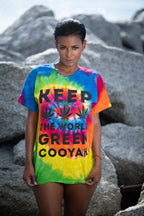 Cooyah Jamaica - Women's Tie-Dye graphic tee.  Keep the World Green Cannabis shirt with weed leaves.  As a Jamaican owned clothing brand since 1987, we take pride in bringing you this classic piece. Don't wait, get yours now!