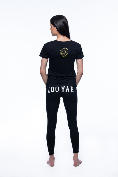 Cooyah Jamaica - Women's black Jamaican dancehall leggings.  We Are Reggae v-neck graphic tee.