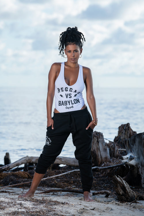 Cooyah Jamaica. Women's Reggae VS Babylon bodysuit in white. Jamaican beachwear clothing brand. IRIE Resortwear