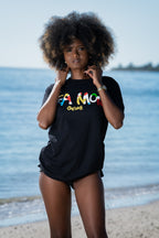 Cooyah Jamaica. Women's short sleeve tee with Yea Mon graphic. Reggae style. Jamaican beachwear band. IRIE