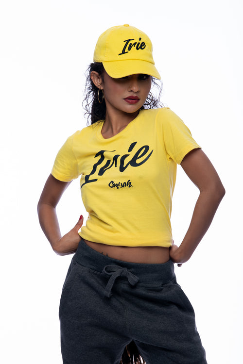 Cooyah Jamaica - Womens yellow IRIE Yardie graphic tees. As a Jamaican owned clothing brand since 1987, we take pride in bringing you this classic piece.