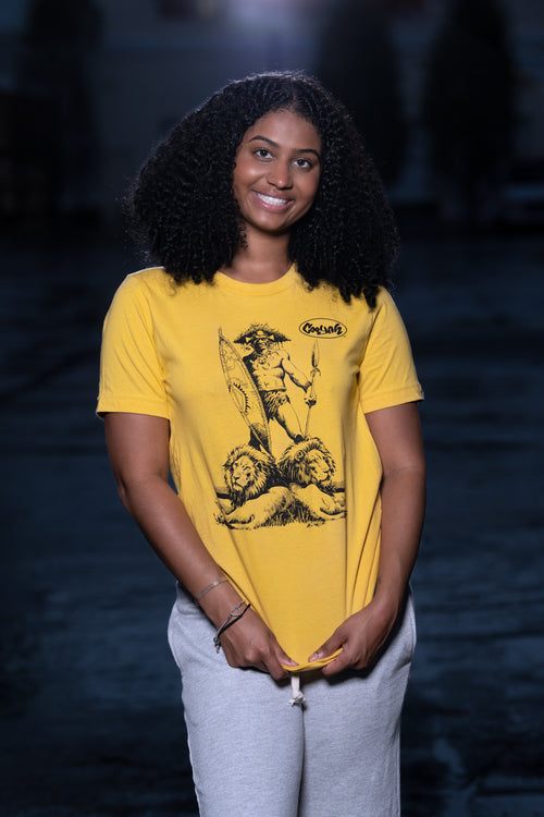 Cooyah Jamaica. Women's African Warrior graphic tee in yellow. Short sleeve, soft, ringspun cotton.