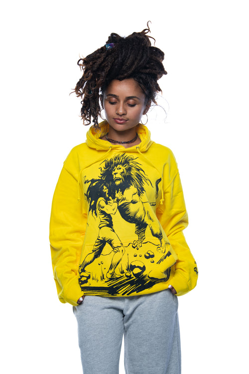 Cooyah rootswear women's rasta hoodie with Dread and Lion graphic in yellow. Jamaican owned streetwear culture clothing since 1987.