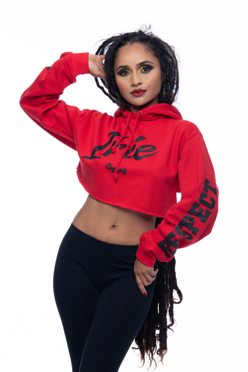 Cooyah Clothing.  Women's red cropped hoodie with irie graphic. Hand-printed Jamaican streetwear designs on the front, back, and sleeve for added style by Cooyah.