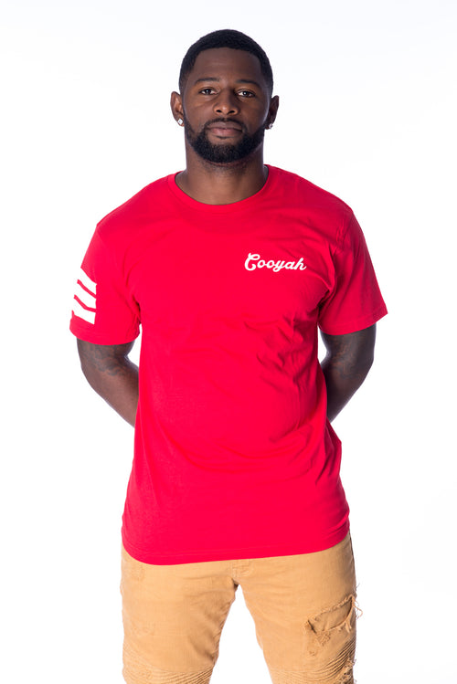 Cooyah Jamaica.  Mens red graphic tee.  Screen printed on the front, back, and sleeves on soft, breatheable 100% ringspun cotton.  Reggae streetwear.