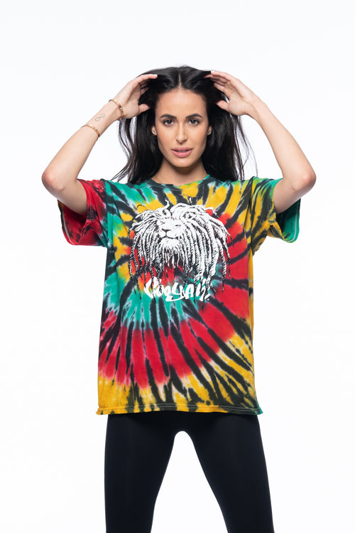 Cooyah Jamaica. Women's Tie-Dye shirt with Rasta Lion with dreads. Reggae rootswear clothing brand. Red, gold, and green. IRIE