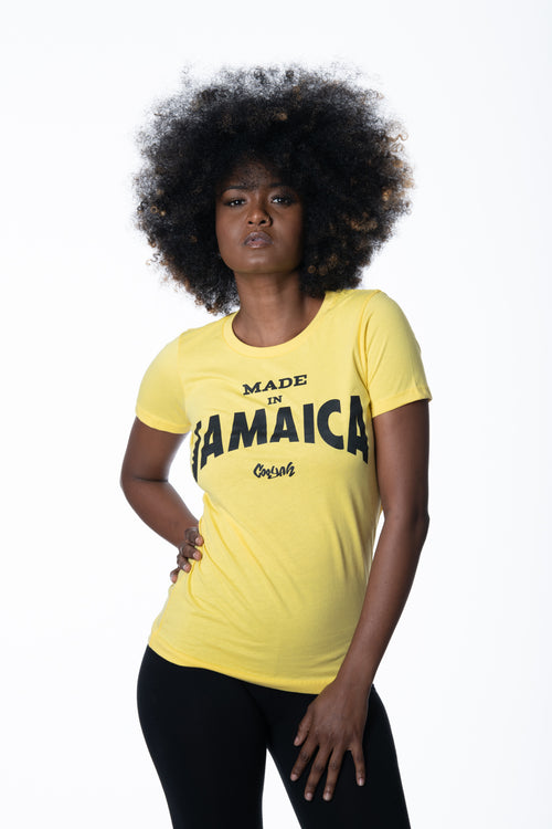 Cooyah Made in Jamaica women's fitted t-shirt with black graphic screen printed on the front.  As a Jamaican owned clothing brand since 1987, we take pride in bringing you this classic top.
