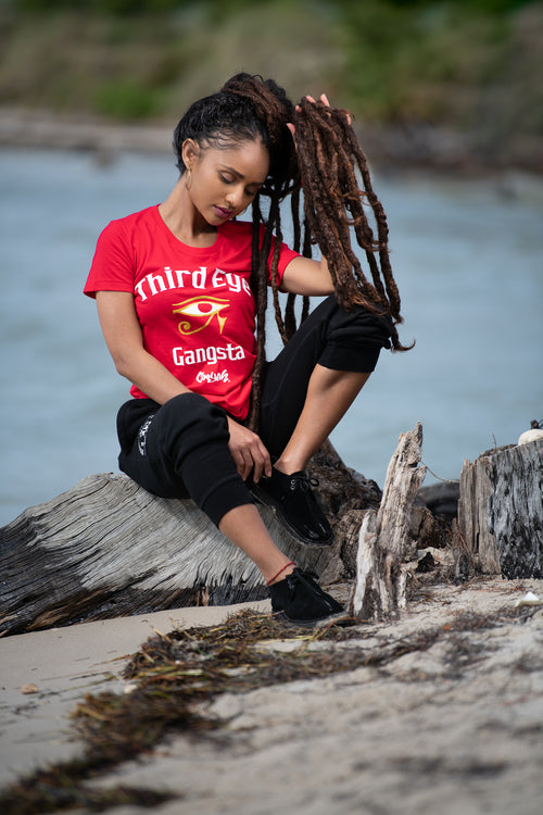 Cooyah Jamaica. Women's red Third Eye Gangsta tee. Short sleeve, ringspun cotton. Jamaican clothing brand.