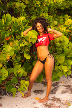 Load image into Gallery viewer, Cooyah Jamaica women&#39;s red crop top with Cooyah 1987 graphic screen printed on the front. Jamaican beachwear clothing.
