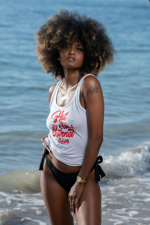 Cooyah Clothing. Women's Hot Like Scotch Bonnet tank top. Jamaican beachwear clothing.