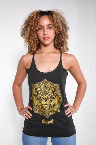 Cooyah Jamiaca.  Women's Gold Lion Mandala on a black racerback tank top.  Jamaican clothing brand.