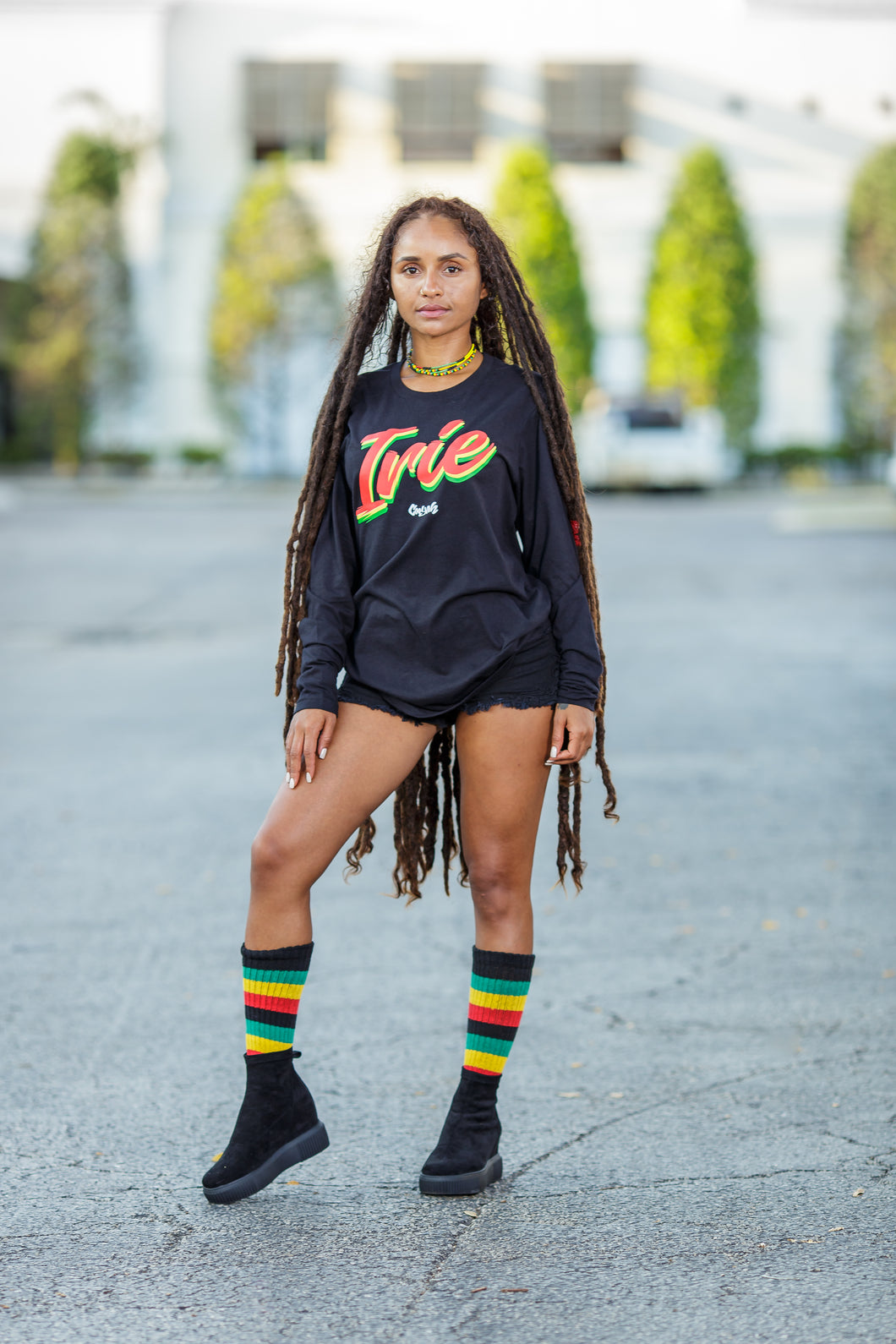 Cooyah Jamaica long sleeve Women's black Tee Shirt, Ring Spun, Crew Neck, Street Wear clothing - Reggae Style, IRIE RASTA