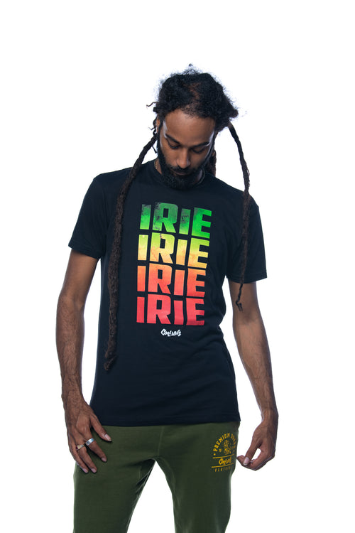 Cooyah Jamaica -men's reggae graphic tee with Irie graphic. Screen printed at Cooyah Studio on soft, 100% ringspun cotton fabric. We are a Jamaican owned clothing brand established in 1987.