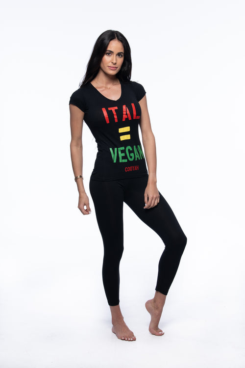 Cooyah Jamaica graphic tee in black. Women's v-neck, short sleeve t-shirt. Jamaican clothing brand. Ital Equals Vegan Shirt