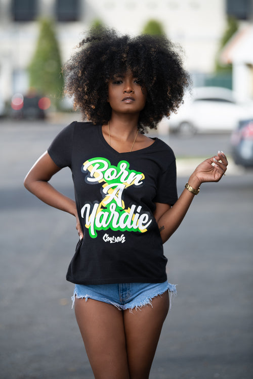 Cooyah Jamaica Born a Yardie women's v-neck graphic tee in black.