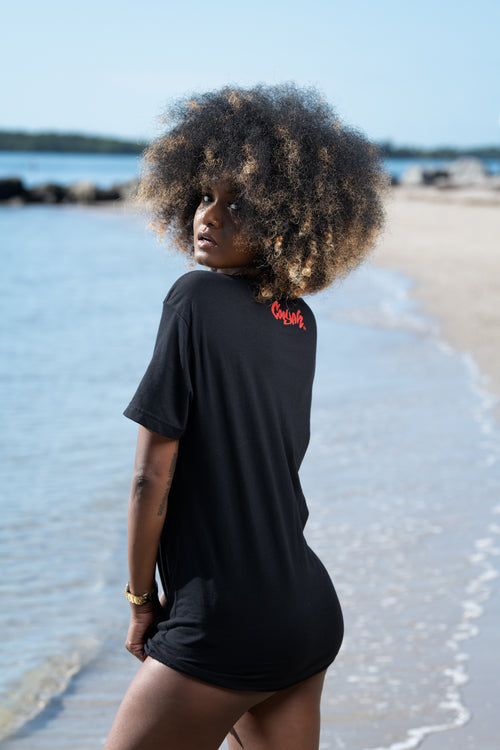 Women's reggae t-shirt with Cooyah logo printed on the back and Jamaica No Problem design on the front.