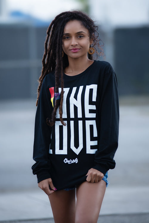 Cooyah Jamaica. Women's long sleeve ONE LOVE Tee Shirt, Ring Spun, Crew Neck, Jamaican streetwear clothing - Reggae Style, IRIE