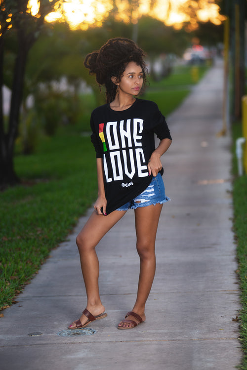 Cooyah Jamaica. Women's long sleeve ONE LOVE Tee Shirt, Ring Spun, Crew Neck, Jamaican streetwear clothing - Reggae Style, IRIE