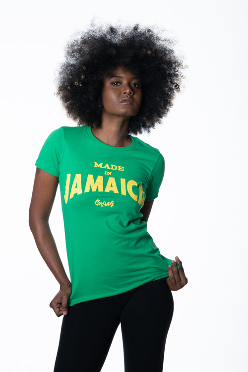 Made in Jamaica women's graphic tee by Cooyah the premium Caribbean clothing brand since 1987.  This crew-neck tee is green with a yellow screen print on the front.