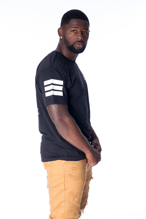 Cooyah Clothing.  Mens screen printed graphic tees.  Stripe design on the sleeves.  Blessed Rasta Lion on the front and back.