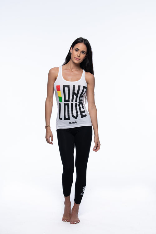 Cooyah Jamaica. Women's One Love Tank Top in white. Screen printed reggae style graphics in rasta colors. Jamaican clothing brand.