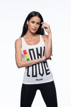Cooyah Jamaica. Women's One Love Tank Top in white. Screen printed reggae style graphics in rasta colors. Jamaican clothing brand.