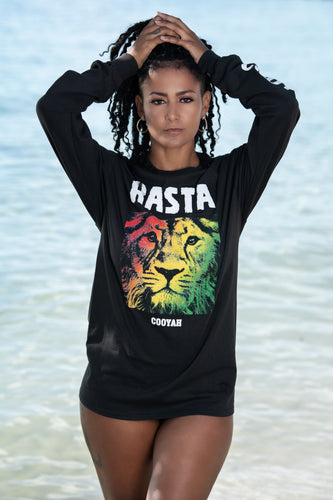 Cooyah Jamaica.   Women's long sleeve Rasta Lion black Tee Shirt, Ring Spun, Crew Neck, Beachwear Jamaican clothing - Reggae Style, IRIE
