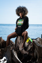 Load image into Gallery viewer, Cooyah Jamaica women&#39;s hoodie in black. Featuring a Jamaican Flag graphic.   Caribbean clothing brand.  IRIE
