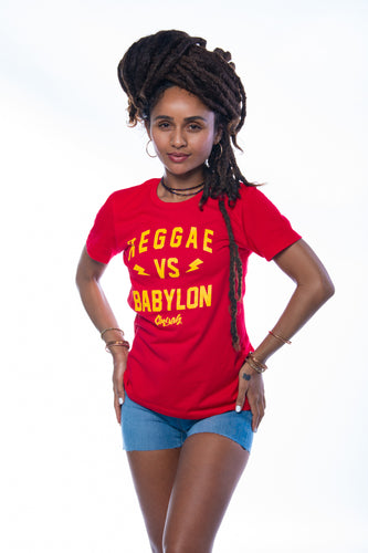 Cooyah Jamaica.  Reggae VS Babylon tee in red.  Women's short sleeve, ring spun cotton t-shirt.  Jamaican streetwear clothing brand.