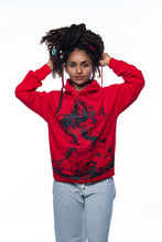 Load image into Gallery viewer, Cooyah rootswear women&#39;s rasta hoodie with Dread and Lion graphic in red. Jamaican streetwear clothing.  Rastafari
