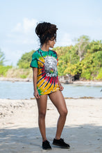 Load image into Gallery viewer, Cooyah Jamaica. Women&#39;s Tie-Dye shirt with Rasta Lion with dreads. Reggae rootswear clothing brand. Red, gold, and green. IRIE
