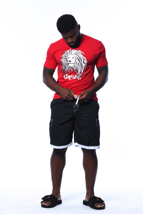 Cooyah Jamaica. Men's Rasta Lion with Dreads graphic tee in red. Jamaican reggae clothing brand.