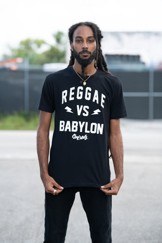 Cooyah Jamaica.  Men's short sleeve Reggae VS Babylon graphic tee in black.  Ringspun, crew neck shirt.  Jamaican streetwear clothing. IRIE