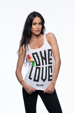 Load image into Gallery viewer, Cooyah Jamaica. Women&#39;s One Love Tank Top in white. Screen printed reggae style graphics in rasta colors. Jamaican clothing brand.
