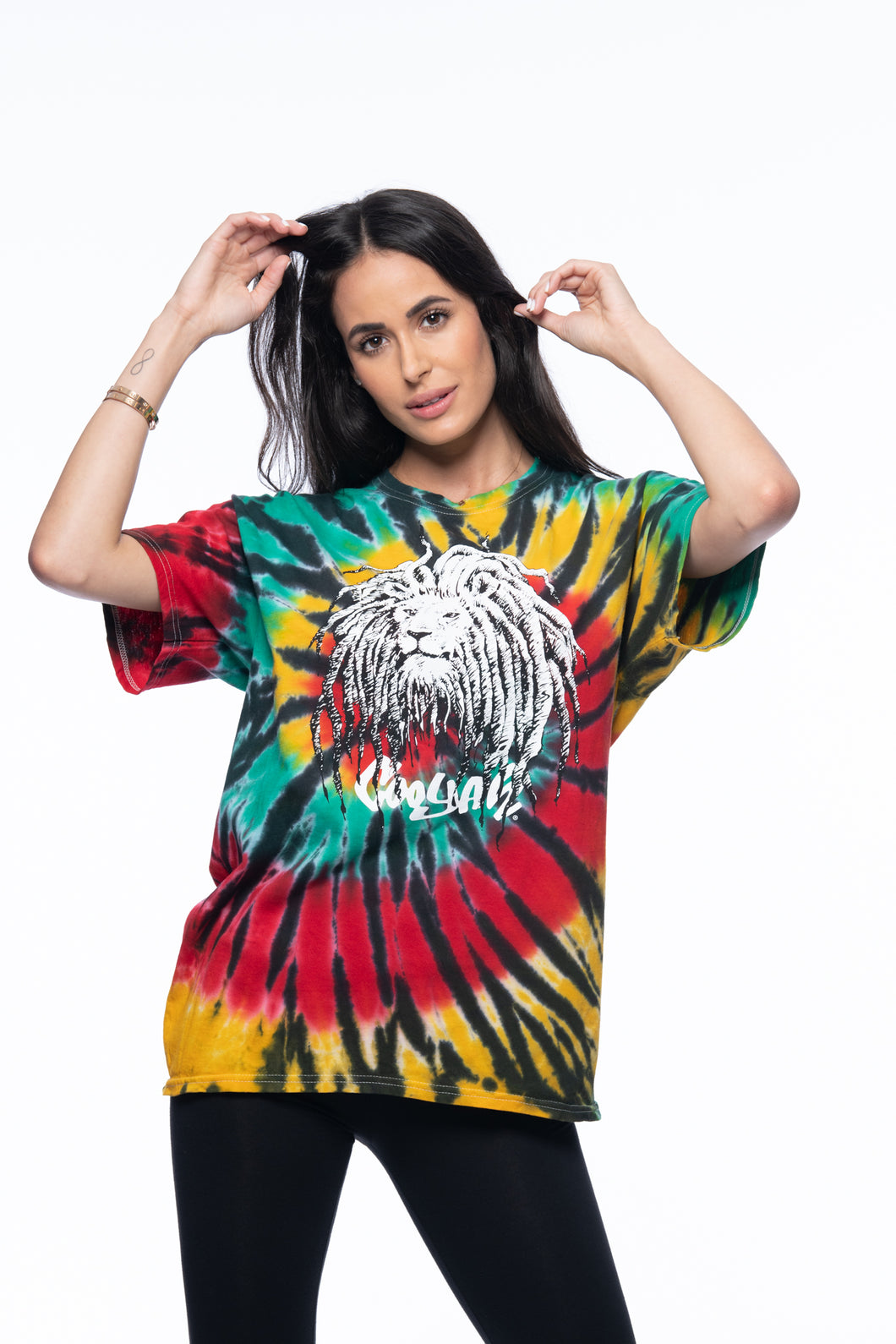 Cooyah Jamaica. Women's Tie-Dye shirt with Rasta Lion with dreads. Reggae rootswear clothing brand. Red, gold, and green. IRIE