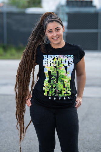 Cooyah Jamaica.  Happiness Grows on Trees Cannabis Tee.  Women's short sleeve t-shirt.  Jamaican streetwear clothing.
