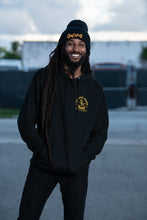 Load image into Gallery viewer, Cooyah Jamaica. Men&#39;s black Premium Brand Hoodie with gold lion screen print on the front and back. Jamaican streetwear clothing brand.
