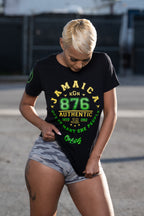 Cooyah Clothing. Women's Jamaica Area Code 876 graphic tee. Ringspun cotton, short sleeve. Jamaican owned clothing brand since 1987.