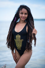 Load image into Gallery viewer, Cooyah Jamaica Hamsa Bodysuit in black.  Beachwear 
