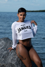 Load image into Gallery viewer, Cooyah Clothing. Made in Jamaica women&#39;s long sleeve white crop top. Ringspun cotton, crew neck t-shirt. Jamaican clothing brand.
