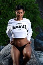 Load image into Gallery viewer, Cooyah Clothing. Made in Jamaica women&#39;s long sleeve white crop top. Ringspun cotton, crew neck t-shirt. Jamaican clothing brand.
