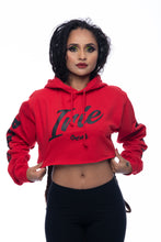 Load image into Gallery viewer, Red cropped hoodie with irie graphic. Hand-printed Jamaican streetwear designs on the front, back, and sleeve for added style by Cooyah.
